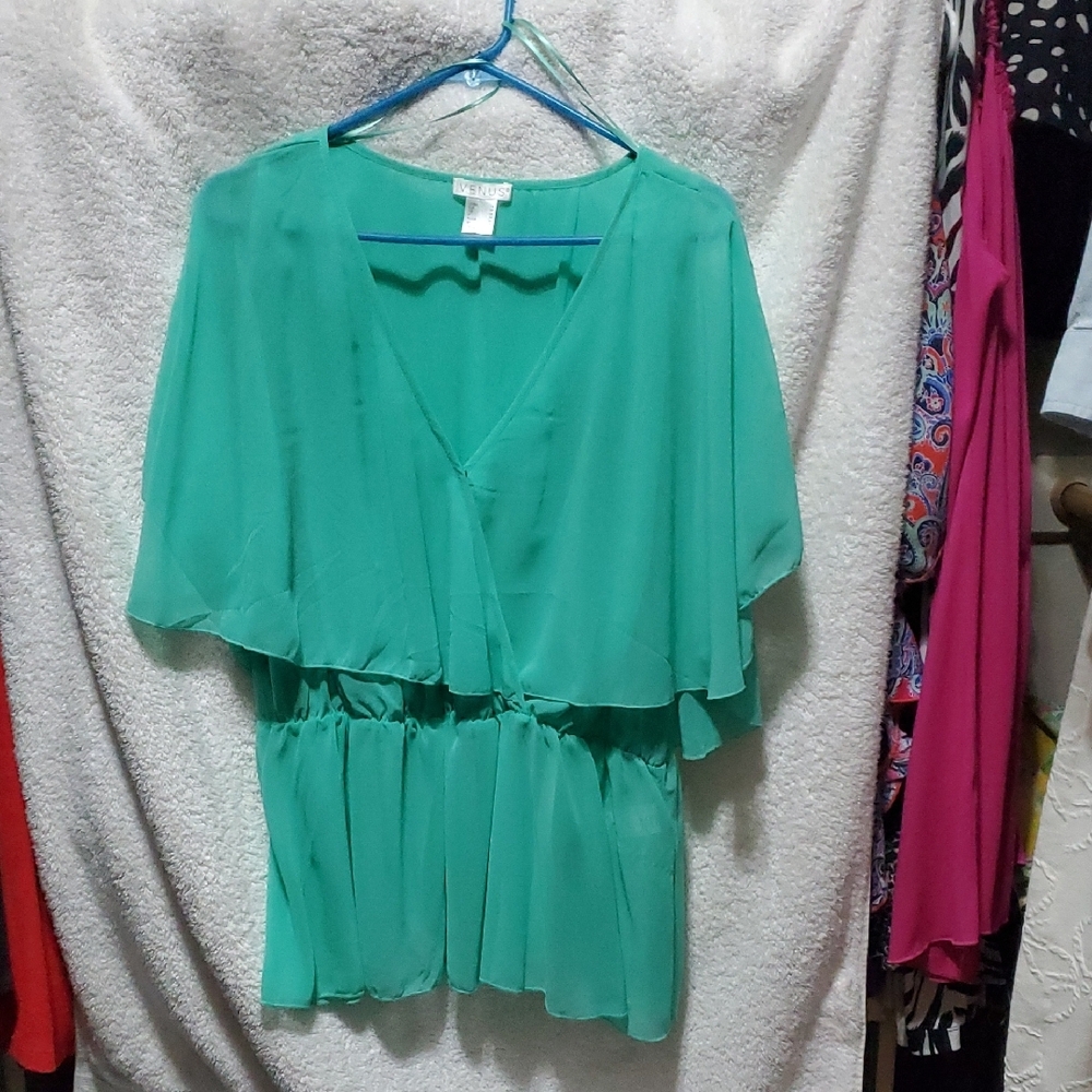 VENUS Green Flutter Sleeve Wrap Blouse